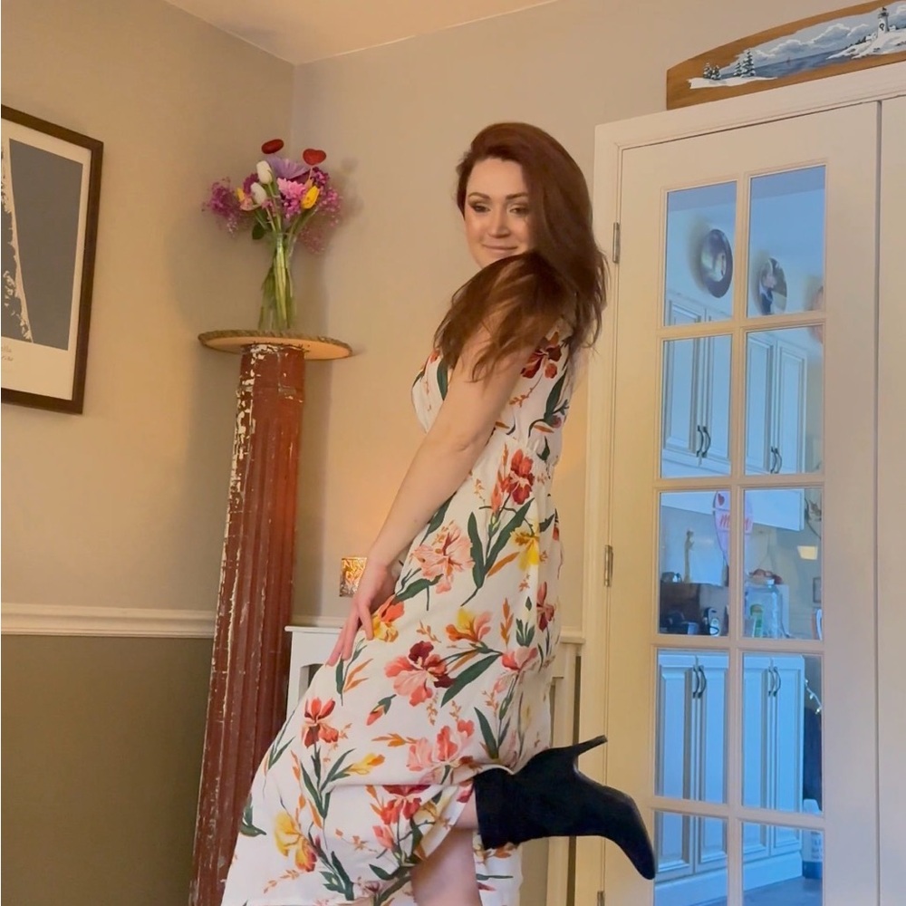 Floral Maxi Dress in White with Pink & Green Blooms